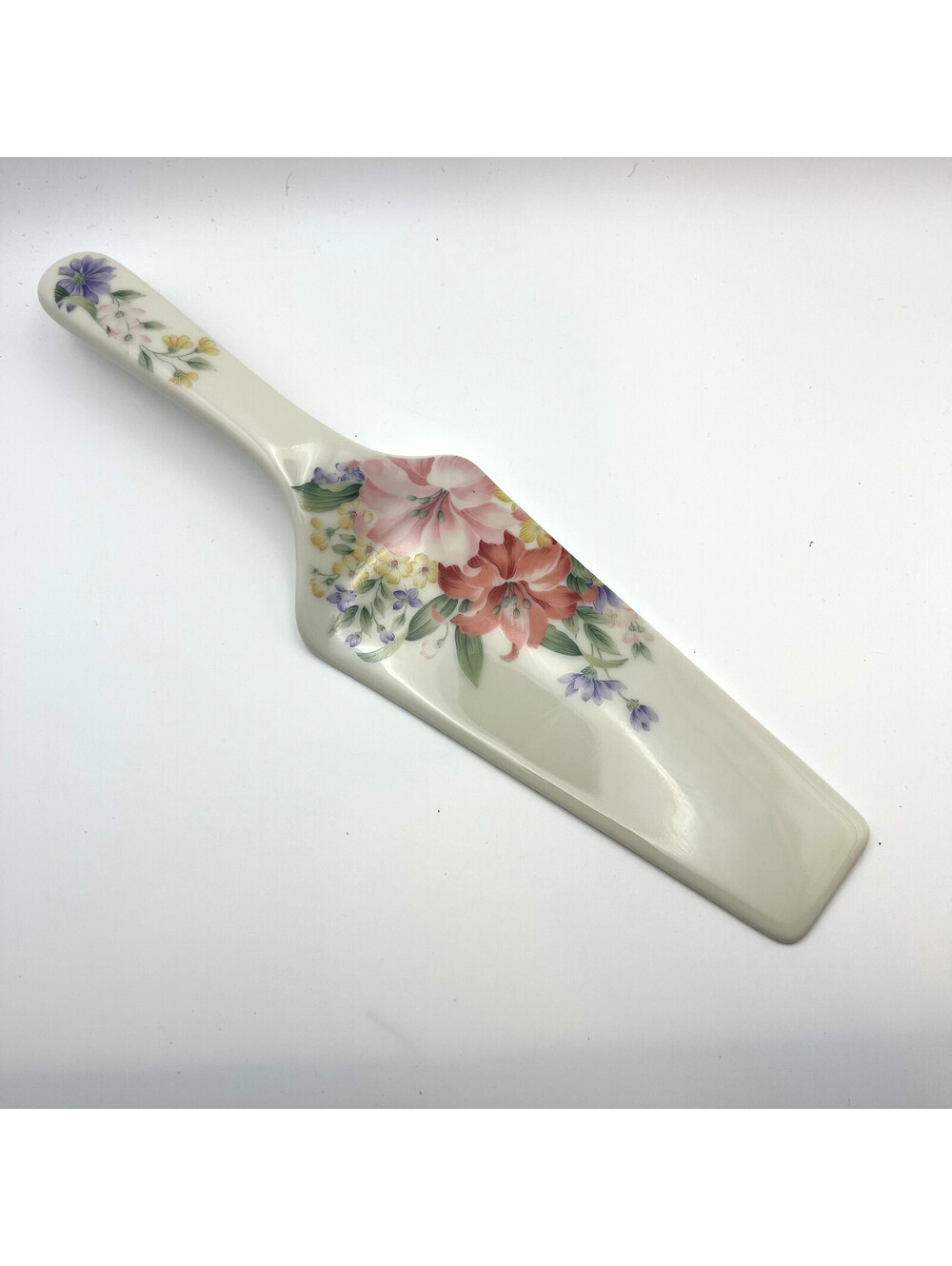Floral Porcelain Cake Pie Server Pink Purple Flowers Vintage